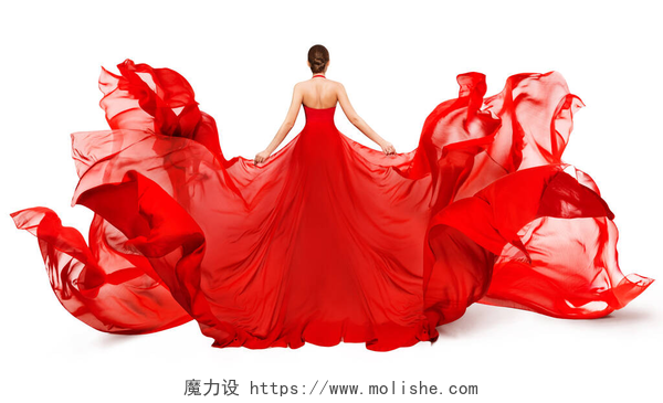 白色背景上的穿红裙子的女子女子后背看红色飞衣随风飘扬，女子随风飘扬，白衣随风飘扬